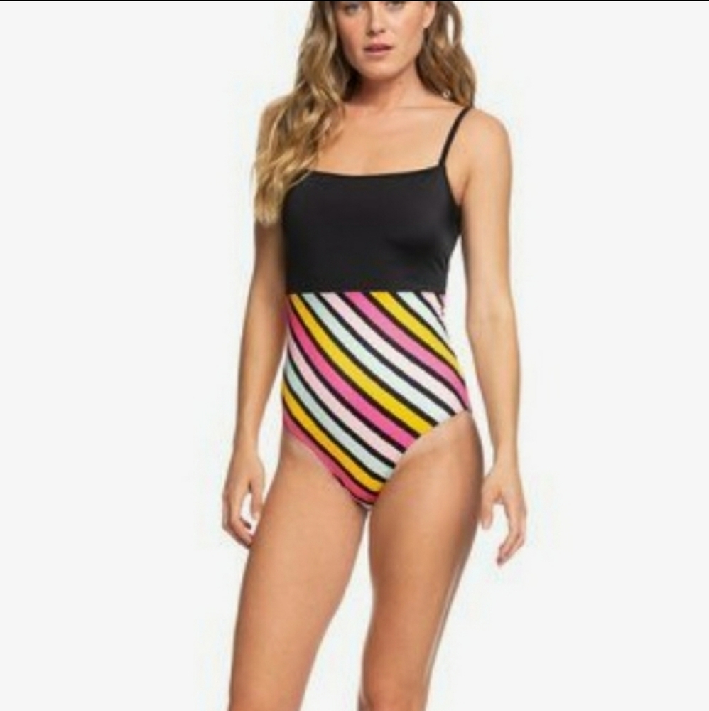 NWT Roxy Pop Surf Black Pink Green Yellow  Stripes One Piece Size S